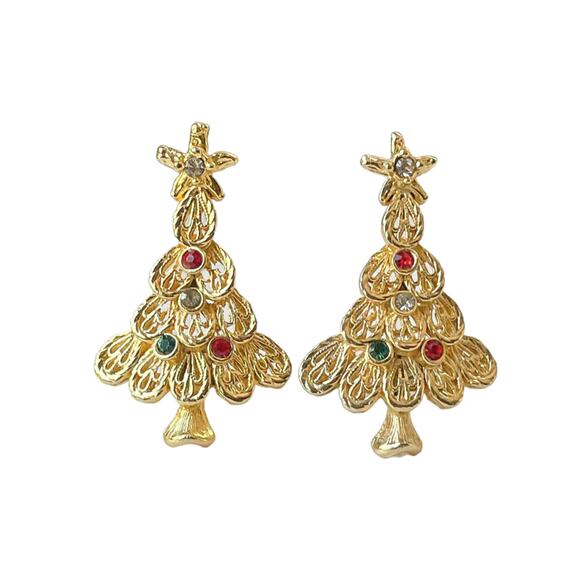 1980s Gold Plate Red Green White Rhinestones Christmas Tree Clip Earrings - Picture 1 of 3